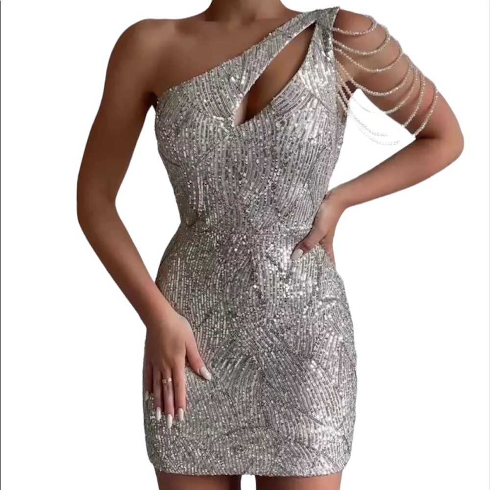NWT One Shoulder Sequins Nude Dress